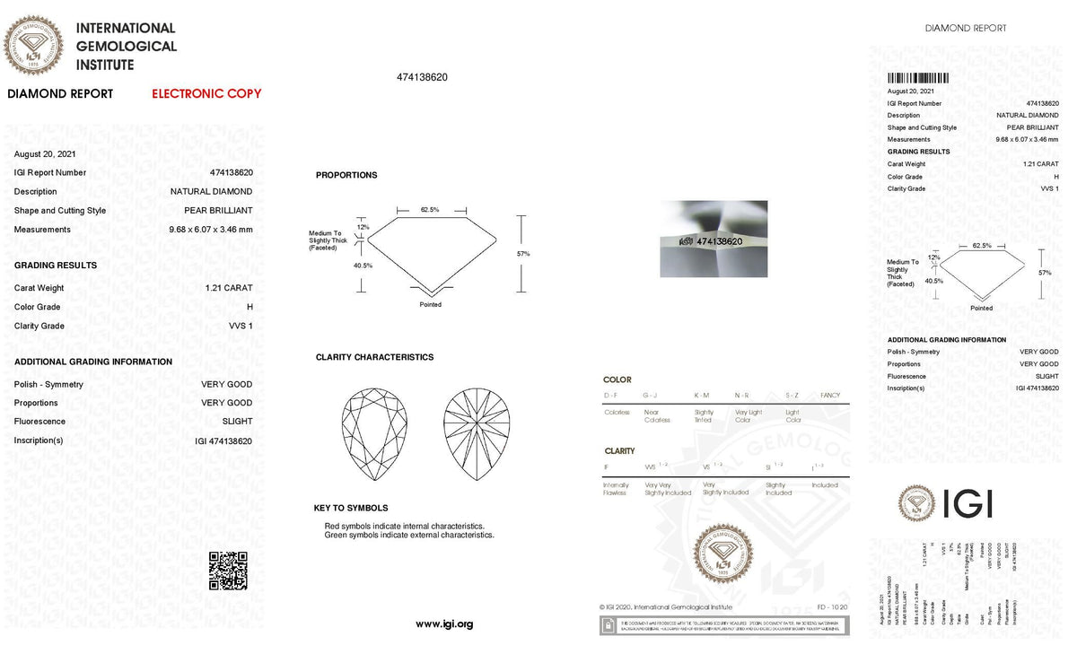 Diamante Naturale Taglio Goccia 1.21ct G/VG H VVS1 - IGI - 9.68x6.07x3.46mm